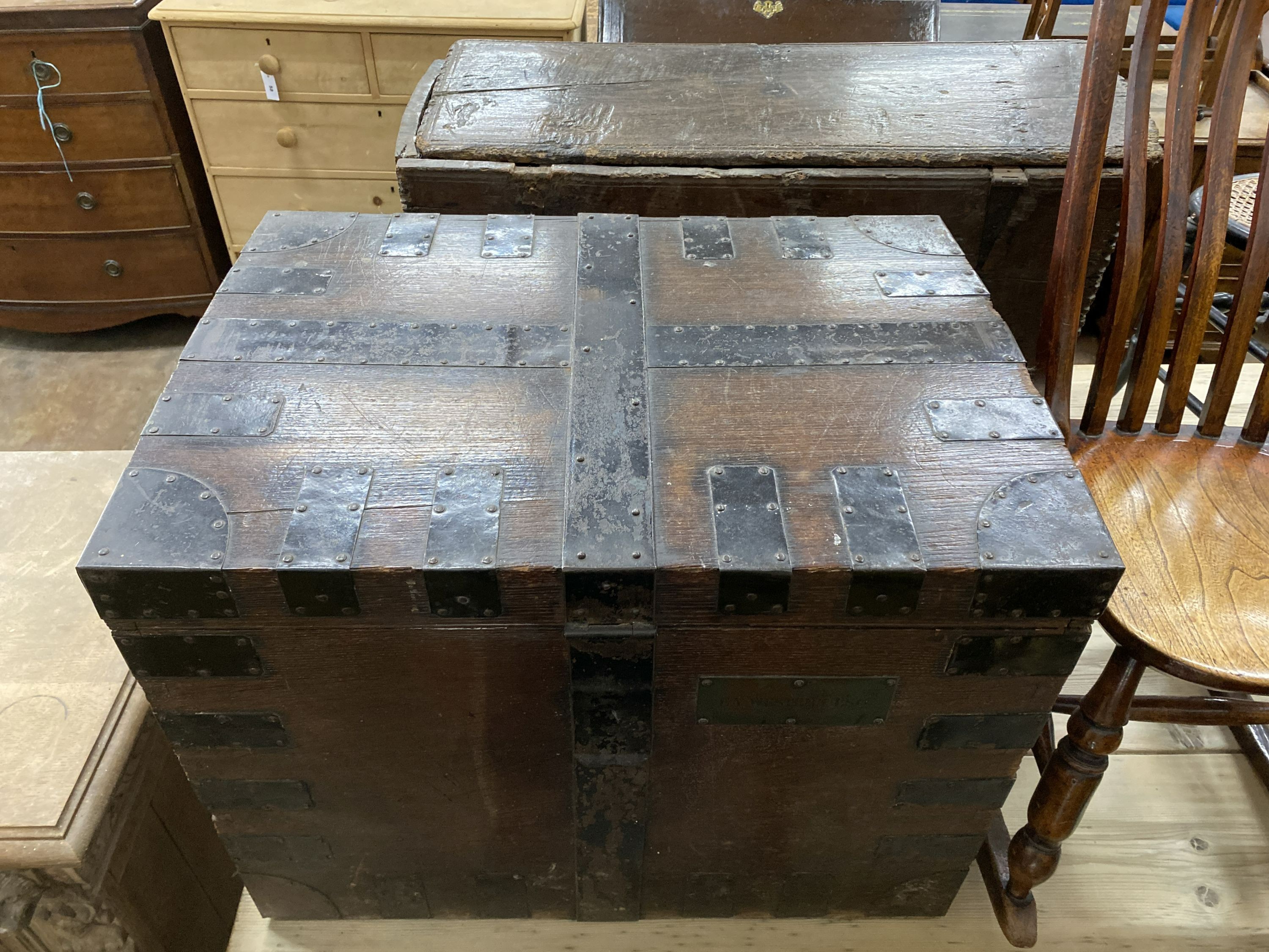 A Victorian oak and iron bound silver chest, width 72cm, depth 50cm, height 56cm